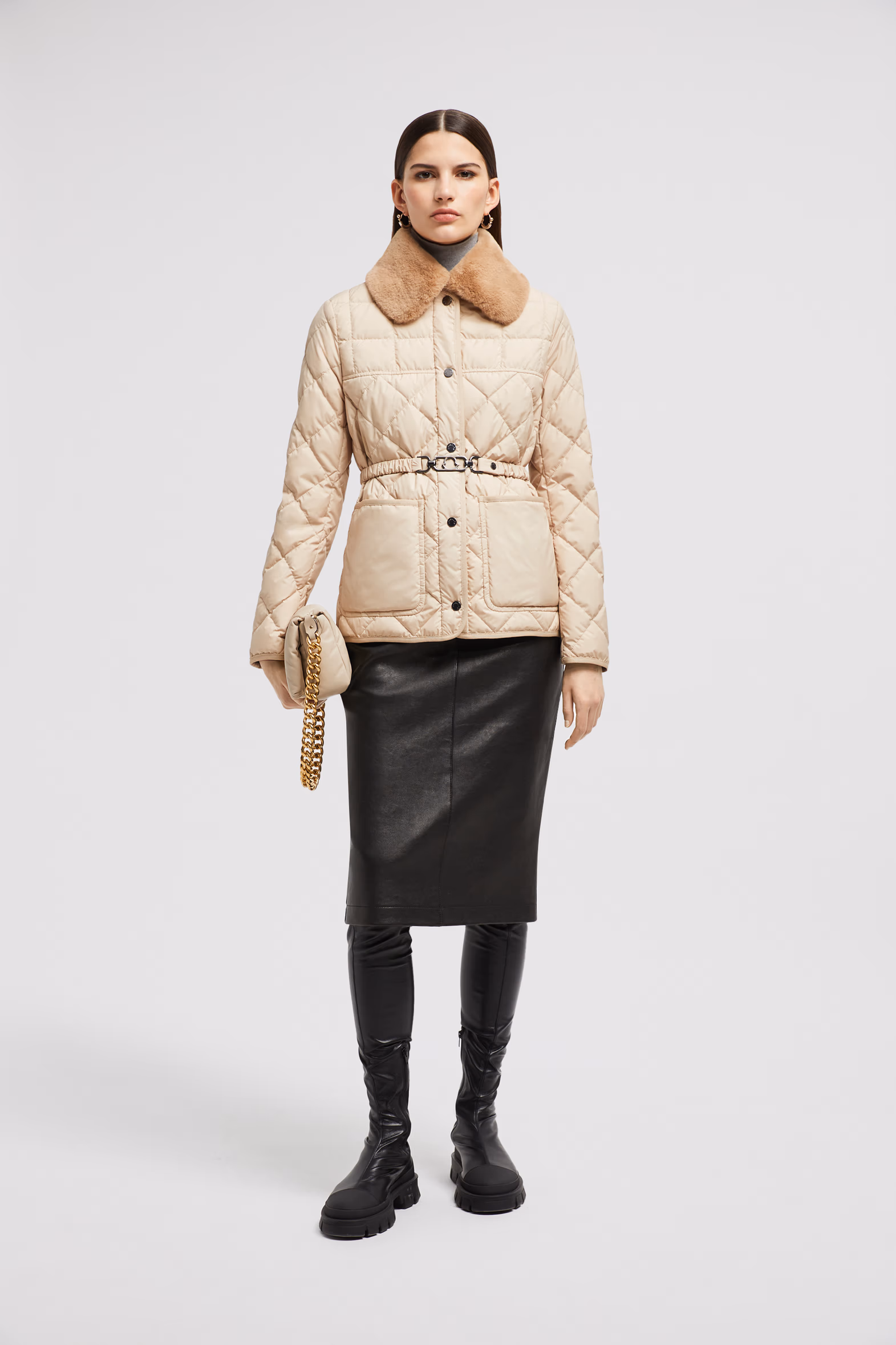 Cygne Faux Fur-Trimmed Short Down Jacket Women Sand Beige Moncler